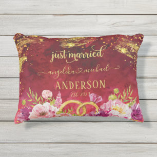 Pink Peonies Wedding Ring Red Gold Just Married Outdoor Pillow