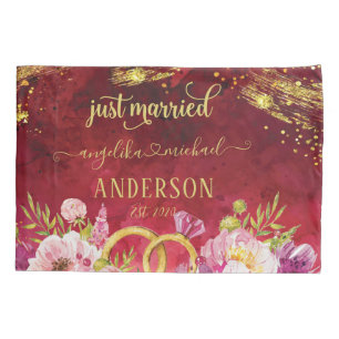 Pink Peonies Wedding Ring Red Gold Just Married Pillow Case