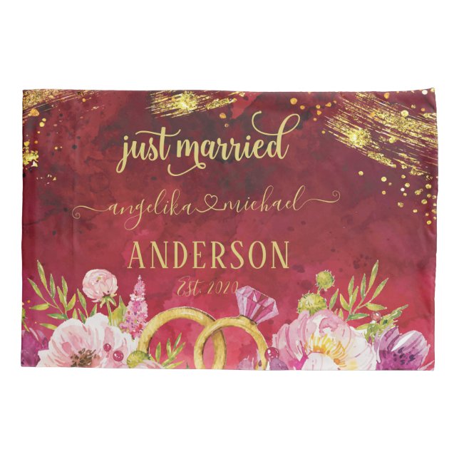 Pink Peonies Wedding Ring Red Gold Just Married Pillow Case (Back)