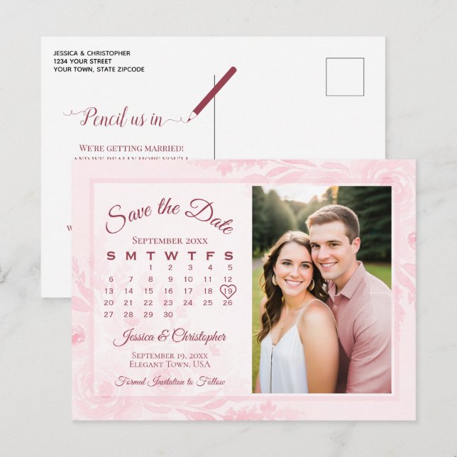 Pink Peonies Wedding Save the Date Calendar Photo Announcement Postcard (Front/Back)