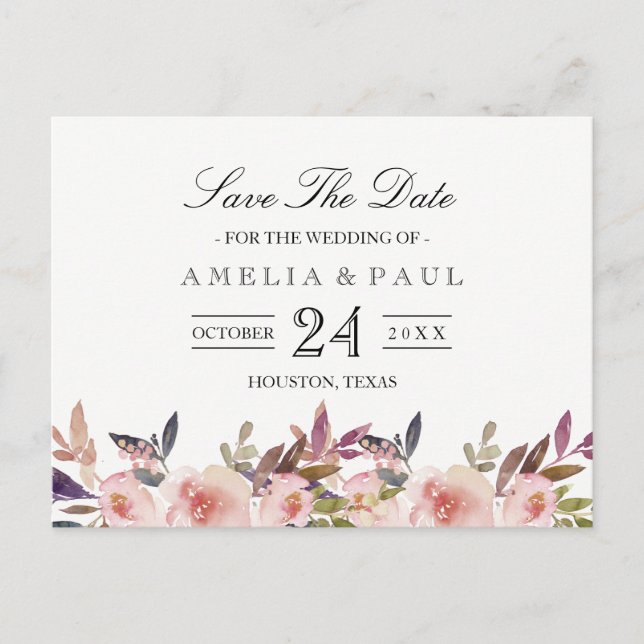 Pink Peonies Wedding Save the Date Postcard (Front)