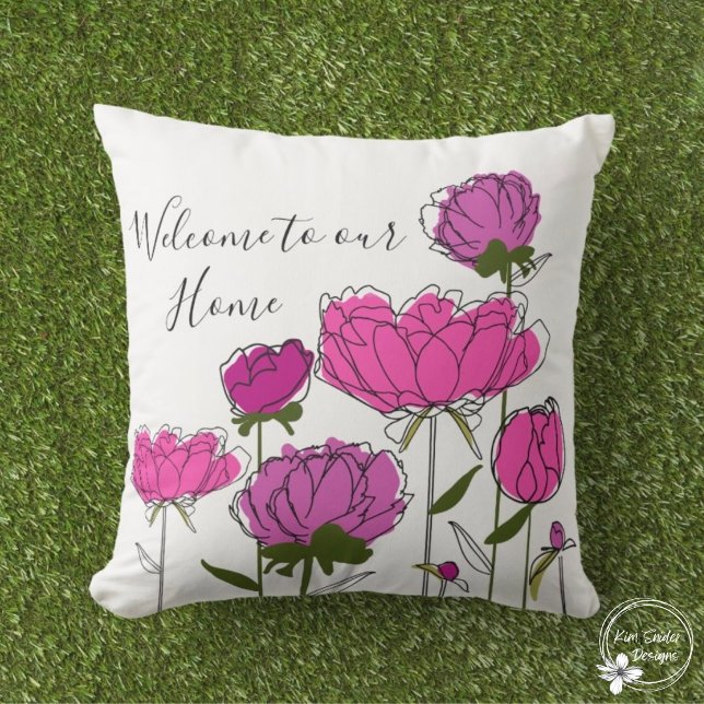 Pink Peonies "Welcome to our Home" Outdoor Pillow (Creator Uploaded)