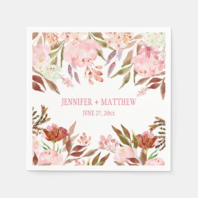 Pink Peonies Wildflowers Greenery Reception | Napkins (Front)
