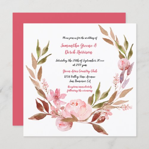 Pink Peonies Wildflowers Greenery Wreath Wedding Invitation