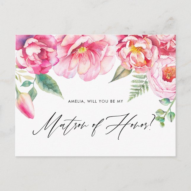 Pink Peonies Will You Be My Matron of Honor Invitation Postcard (Front)