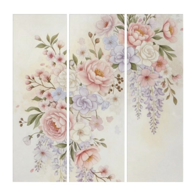 Pink Peonies & Wisteria Elegant Floral Bouquet Triptych (Front)