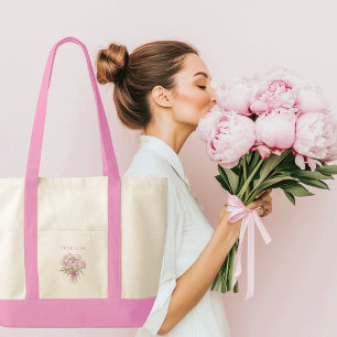 Pink Peonies with Bow Coquette Contrast Trim Tote Bag