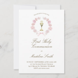 pink peonies wreath first communion  invitation