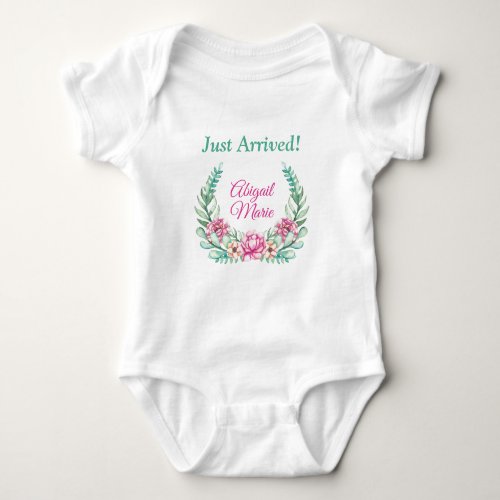 Pink Peonies Wreath Personalized Just Arrived Baby Bodysuit