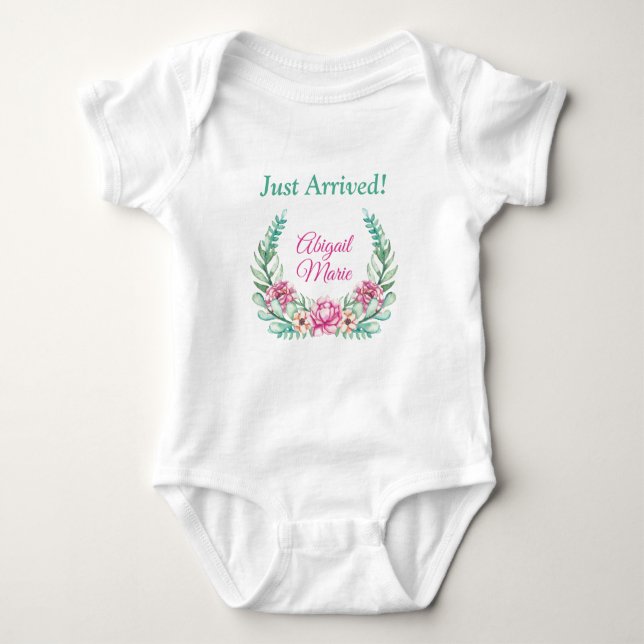 Pink Peonies Wreath Personalized Just Arrived Baby Bodysuit (Front)