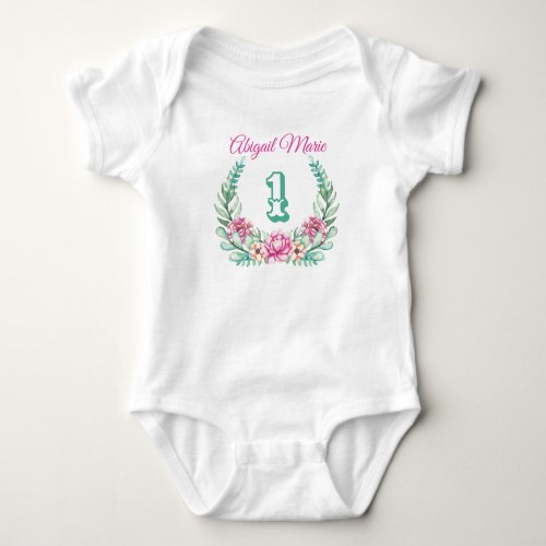 Pink Peonies Wreath Personalized With Age Baby Bodysuit