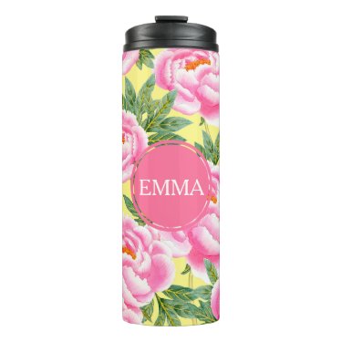 Pink Peonies - Yellow Personalized Thermal Tumbler