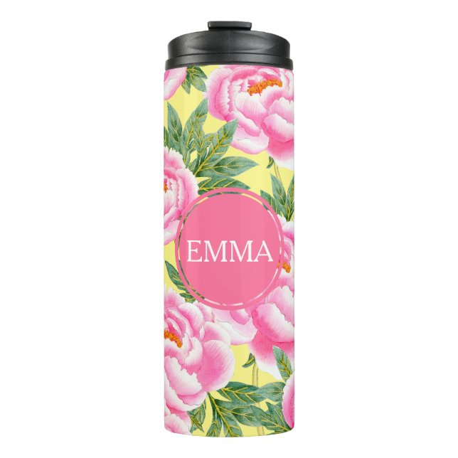 Pink Peonies - Yellow Personalized Thermal Tumbler (Front)
