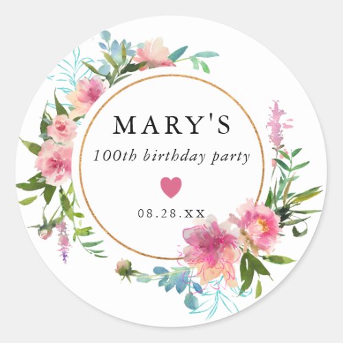 Pink Peony 100th Birthday Party Favor Classic Round Sticker