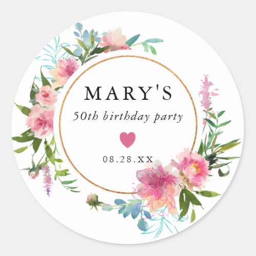 Pink Peony 50th Birthday Party Favor Classic Round Sticker