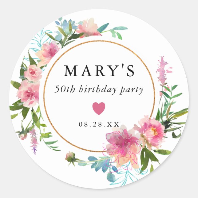 Pink Peony 50th Birthday Party Favor Classic Round Sticker (Front)