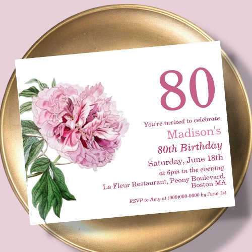 Pink Peony  80th Budget Birthday Invitation