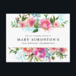 Pink Peony 90th Birthday Invitation Postcard<br><div class="desc">Such pretty pink peonies. They create an upper and lower border for the announcement of a 90th birthday party celebration. Three lines of text let you customize your greeting on the front of the birthday invitation postcard. The birthday party details are on the back. The peonies have dark pink centers...</div>