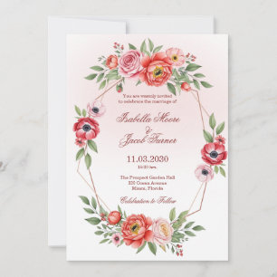Pink Peony and Anemone Floral Geometric Wedding Invitation