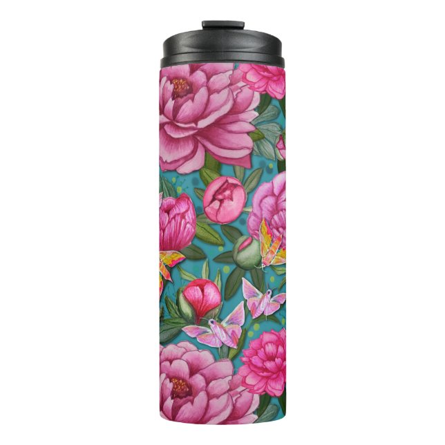 Pink Peony and Elephant Hawkmoth  Thermal Tumbler (Front)
