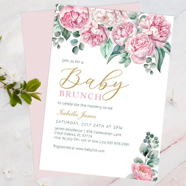 Pink Peony and Eucalyptus Gold Baby Shower Invitat Invitation (Floral Baby Shower Invite)