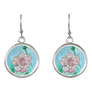 Pink Peony and Flower Bud Earrings