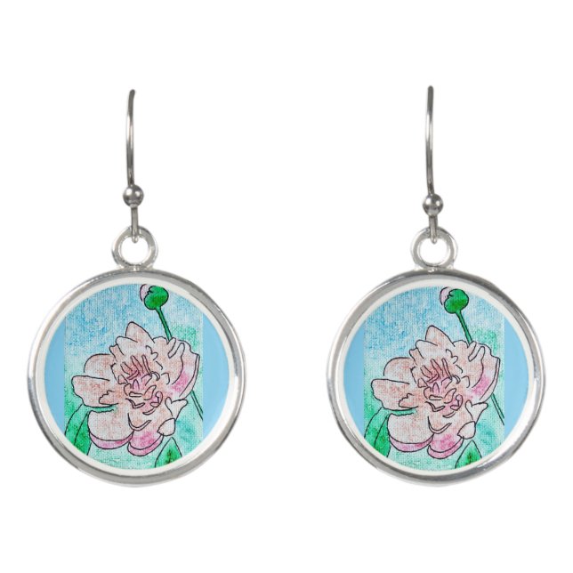 Pink Peony and Flower Bud  Earrings (Front)