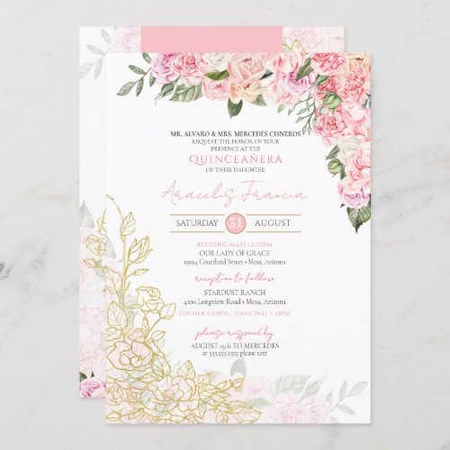 Pink Peony and Gold Floral Quinceanera Quince Anos Invitation