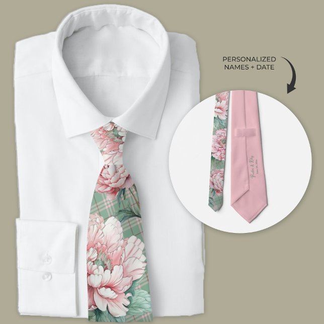 Pink Peony and Plaid Floral Groomsmen  Neck Tie (Personalized pink peony and plaid floral groomsman necktie.)