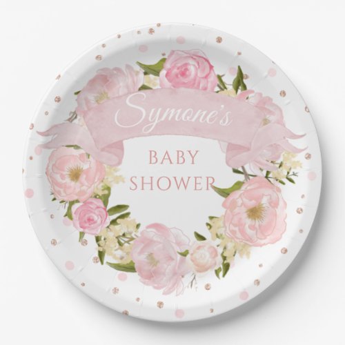 Pink Peony and Rose Gold Dot Custom Baby Shower Paper Plates