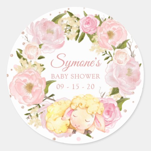 Pink Peony and Rose Gold Lamb Polkadot Baby Shower Classic Round Sticker
