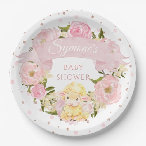Pink Peony and Rose Gold Sheep Custom Baby Shower Paper Plates