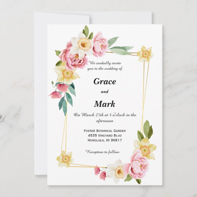 Pink peony and yellow daffodil wedding invite (Front)