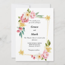 Pink peony and yellow daffodil wedding invite