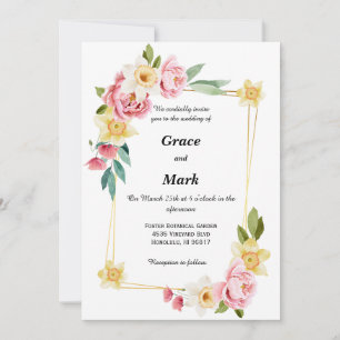 Pink peony and yellow daffodil wedding invite
