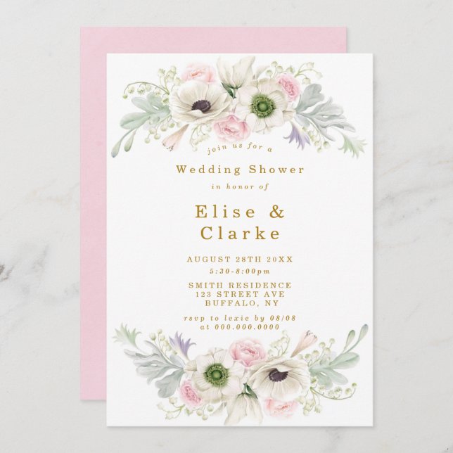 Pink Peony Anemone Flower Gold Wedding Shower (Front/Back)