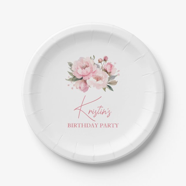 Pink Peony Birthday Paper Plates (Front)