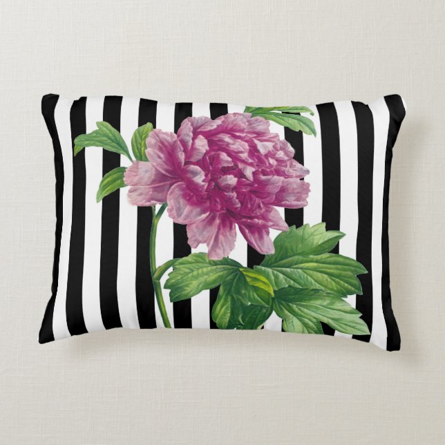Pink Peony Black Stripes Chic Decorative Pillow (Back)