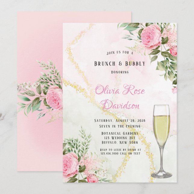Pink Peony Bloom Alcohol Ink Brunch & Bubbly Invitation (Front/Back)