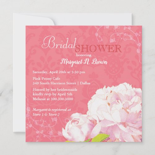 Unique Peony Theme Coral Pink Bridal Shower Invite