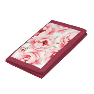 Pink Peony Blooms Watercolor Pattern Trifold Wallet
