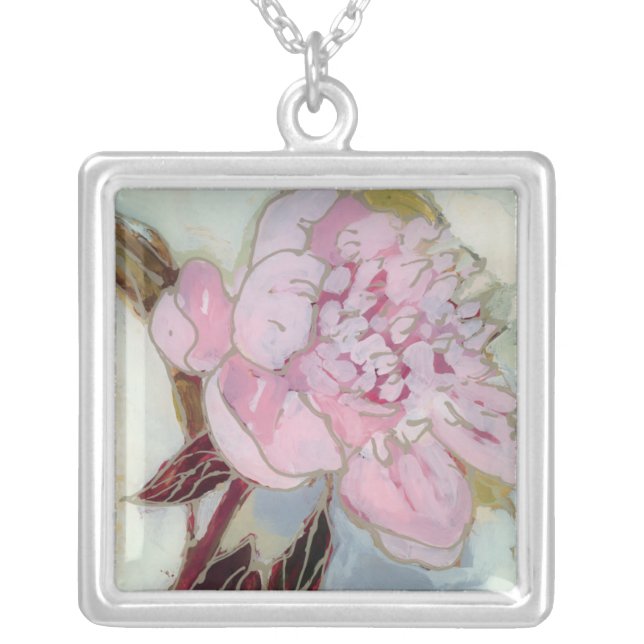 Pink Peony Blossom Silver Plated Necklace (Front)