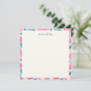 Pink Peony Blue Botanical Border Script Name Note Card