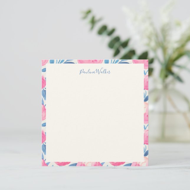 Pink Peony Blue Botanical Border Script Name Note Card (Standing Front)