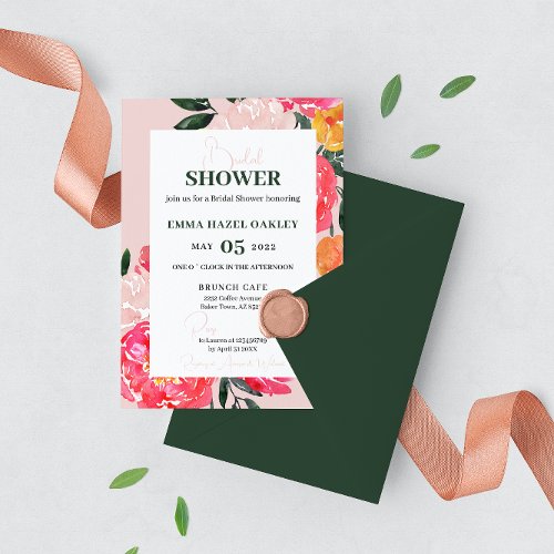 Pink Peony Boquet Floral green Bridal Shower Invitation