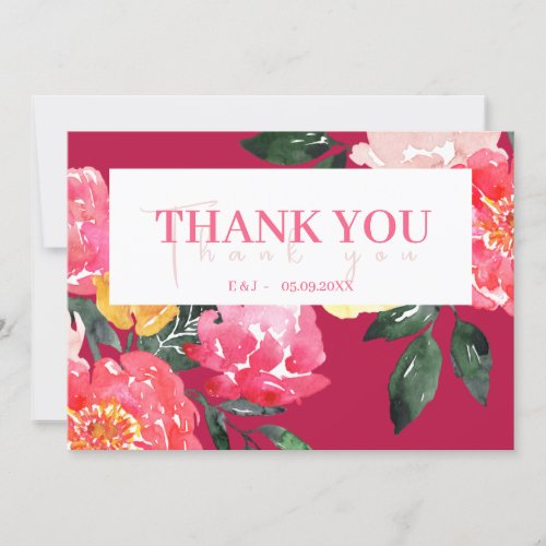 Pink Peony Boquet Floral green Thank you Card