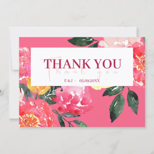 Pink Peony Boquet Floral green Thank you Card