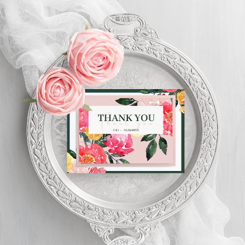 Pink Peony Boquet Floral green Thank you Card