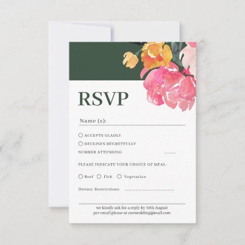 Pink Peony Boquet Floral green Wedding Rsvp Card