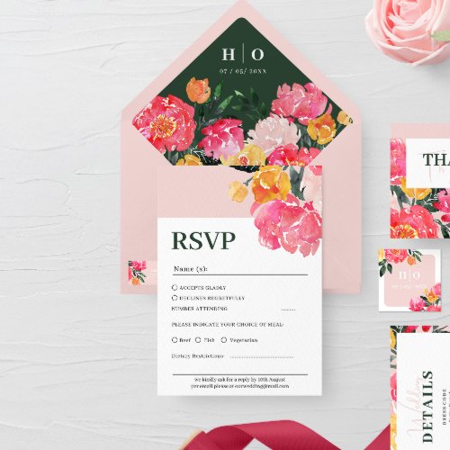 Pink Peony Boquet Floral green Wedding Rsvp Card